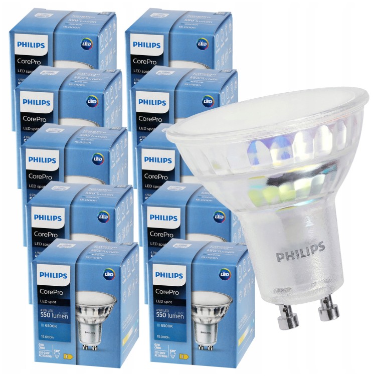 ZESTAW 10x Żarówka LED GU10 PHILIPS 4,9W 550lm Barwa Zimna 6500K Premium Żarówki