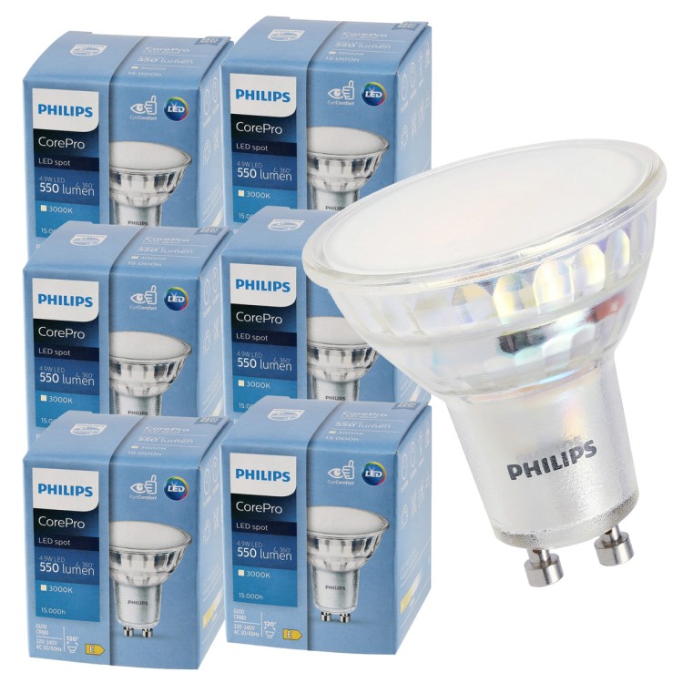 6x Żarówka LED GU10 PHILIPS 4,9W 550lm Barwa Ciepła 3000K Premium Zestaw