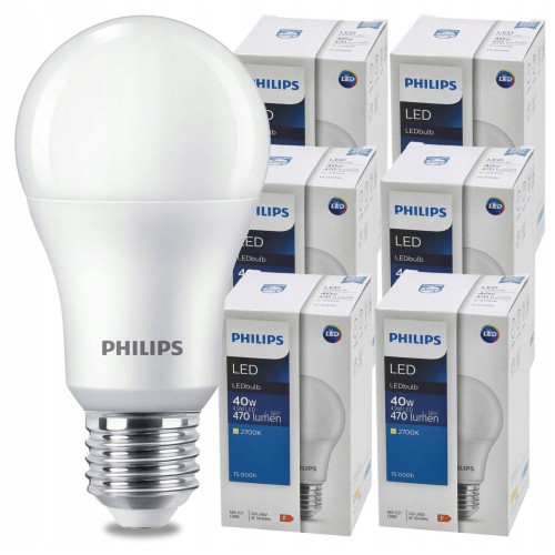 ZESTAW 6X Żarówka PHILIPS LED E27 4.9W = 40W 470lm Barwa Ciepła 2700k LEDBulb A60