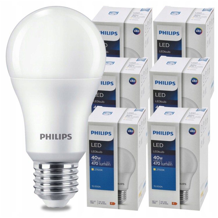 ZESTAW 6X Żarówka PHILIPS LED E27 4.9W = 40W 470lm Barwa Ciepła 2700k LEDBulb A60