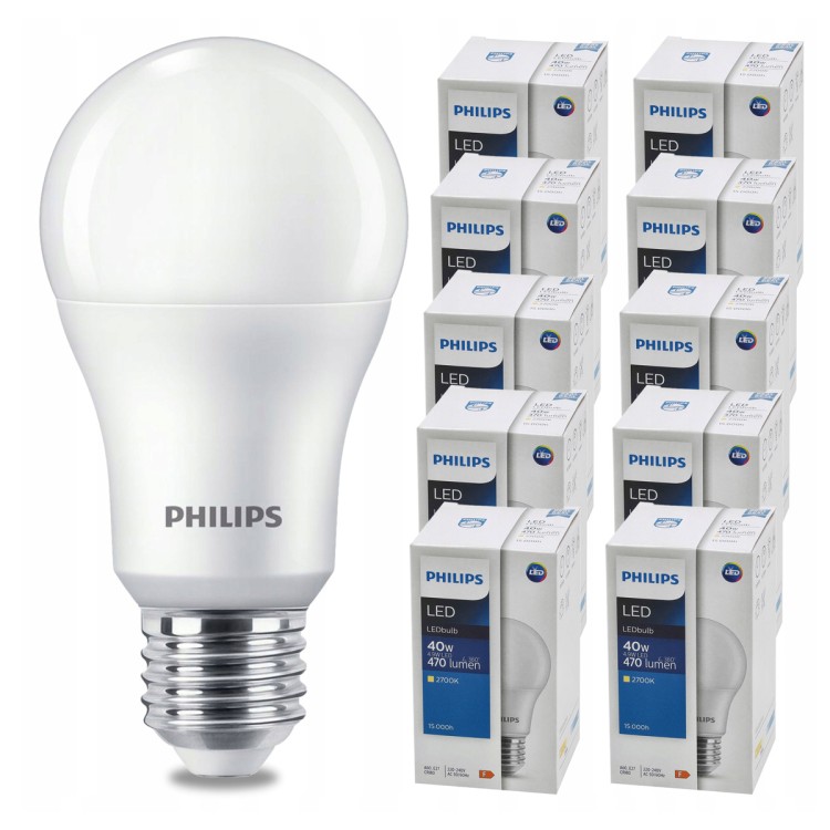 ZESTAW 10 sztuk. PHILIPS Żarówki PHILIPS LED E27 4.9W = 40W 470lm Barwa Ciepła 2700k LEDBulb A6