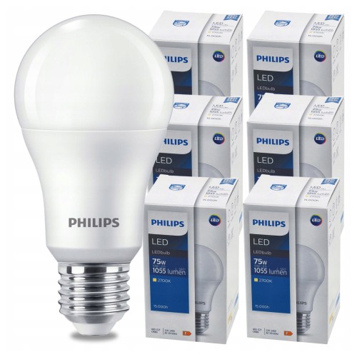 ZESTAW 6 sztuk. Żarówka PHILIPS LED E27 10W = 75W 1055lm Ciepła 2700K LEDBulb A60