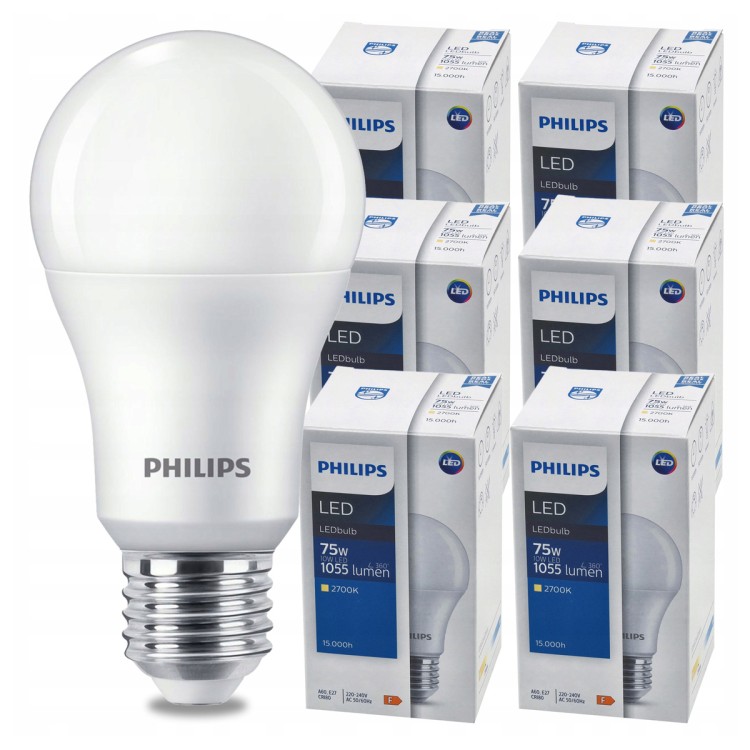 ZESTAW 6 sztuk. Żarówka PHILIPS LED E27 10W = 75W 1055lm Ciepła 2700K LEDBulb A60