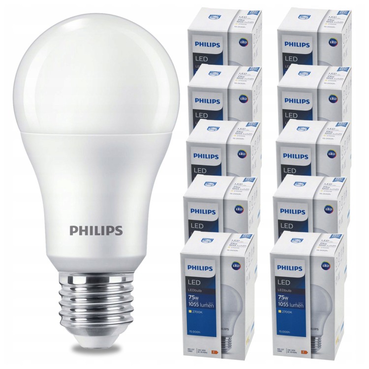 ZESTAW 10 sztuk. Żarówki PHILIPS LED E27 10W = 75W 1055lm Ciepła 2700K LEDBulb