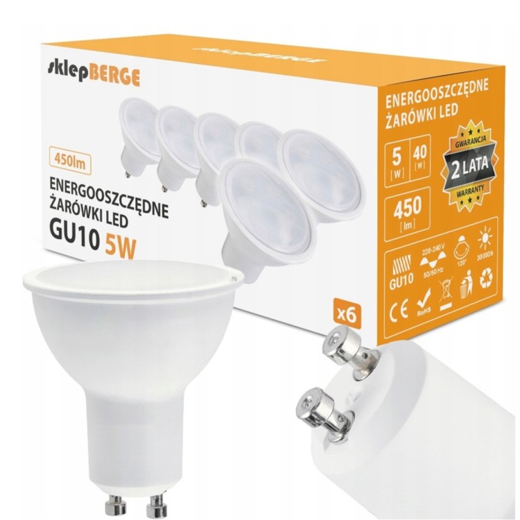 ZESTAW 6x Żarówka LED GU10 5W = 40W 450lm 3 Barwy NW Energooszczędna Berge