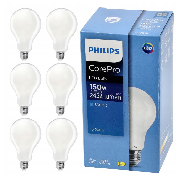 6x Żarówka LED E27 PHILIPS 17,5W = 150W 2452lm Barwa Zimna 6500k Premium