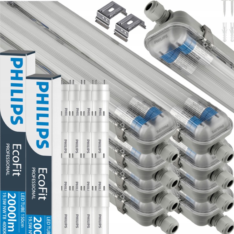 Zestaw Philips Lampa Sufitowa Hermetyczna LED 8x 150cm + 16x Świetlówki 46W 4000K