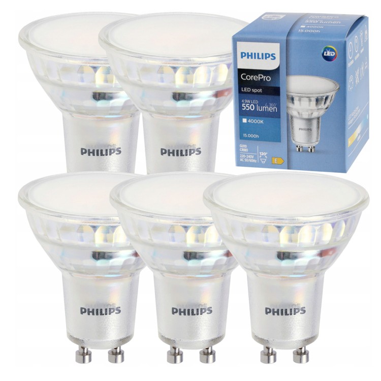 Philips Żarówka GU10 5x 4,9W = 50W 550lm 112lm/W 4000K EyeComfort 15 000h