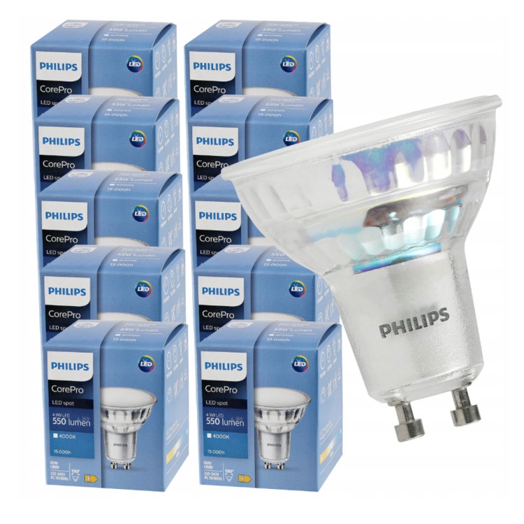 10x Żarówka LED GU10 PHILIPS 4,9W 550lm 4000k Premium Zestaw Żarówek LED
