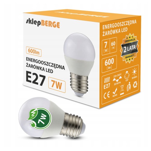 Żarówka LED E27 G45 7W = 60W 620lm Barwa Zimna 6000K Kulka Berge