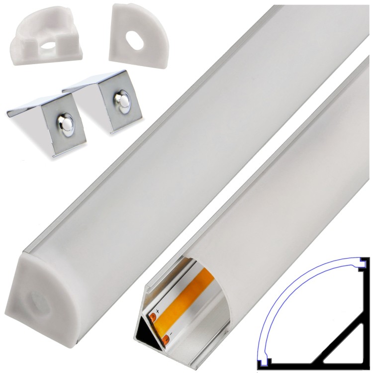 PROFIL ALUMINIOWY DO TAŚMY LED Srebrny Narożny Kątowy 2m + Klosz Mleczny