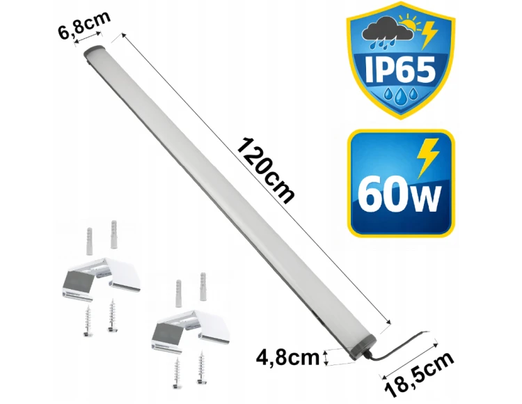 8x Oprawa Hermetyczna LED 60W 6600lm 120cm Do Warsztatu Garażu 230V 4500K