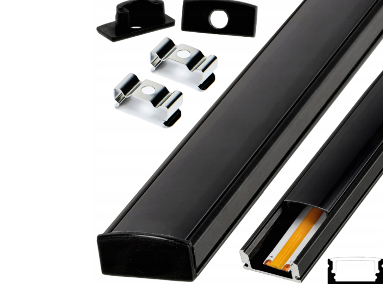 Profil LED Aluminiowy Do Taśma Natynkowy Wpuszczany Klosz Czarny 2M Zestaw