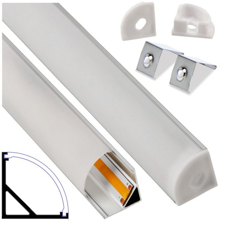 PROFIL ALUMINIOWY DO TAŚMY LED Srebrny Narożny Kątowy 2m + Klosz Mleczny