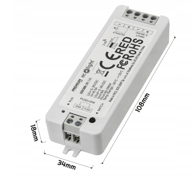 Sterownik Ściemniacz Do Taśmy LED RF MONO 5-36V 12V 24V 8A Kontroler