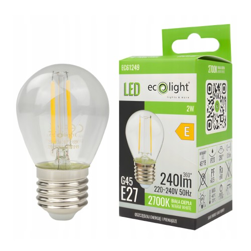 Żarówka LED E27 FILAMENT 2W 240lm 2700K Barwa Ciepła G45 Do Girland 280°