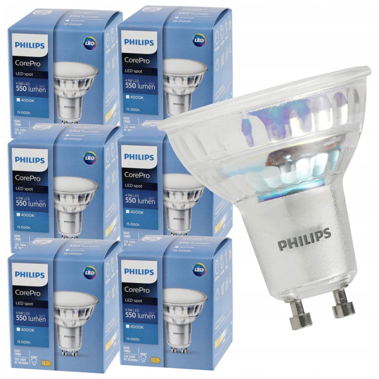 6x Żarówka LED CorePro GU10 4.9W 50W 550lm 4000K neutralna PHILIPS Zestaw