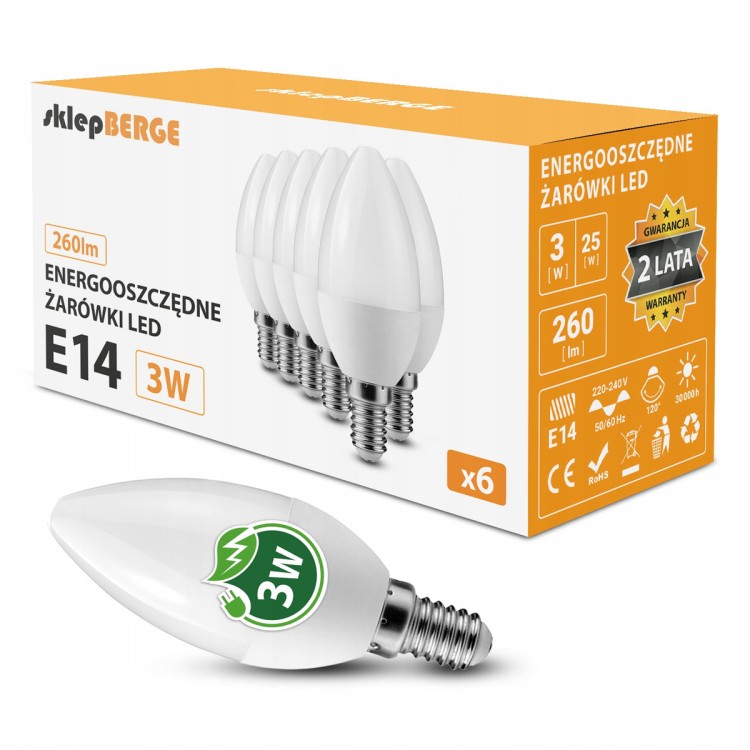 6x Żarówka LED E14 3W = 25W 260lm Barwa Światła 4500K Dzienna LEDOWA BERGE