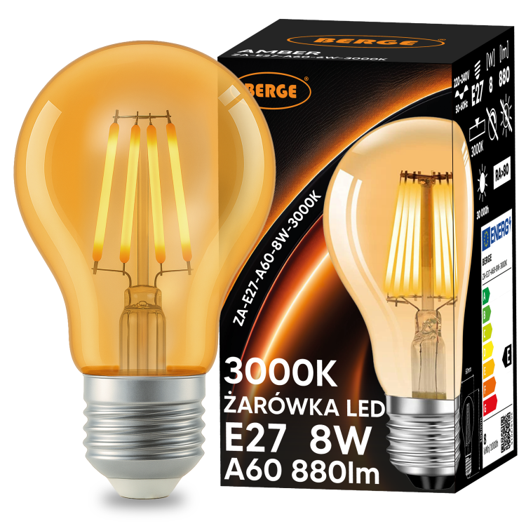 6x Żarówka LED E27 Filament Amber 8W 110lm/W 3000K