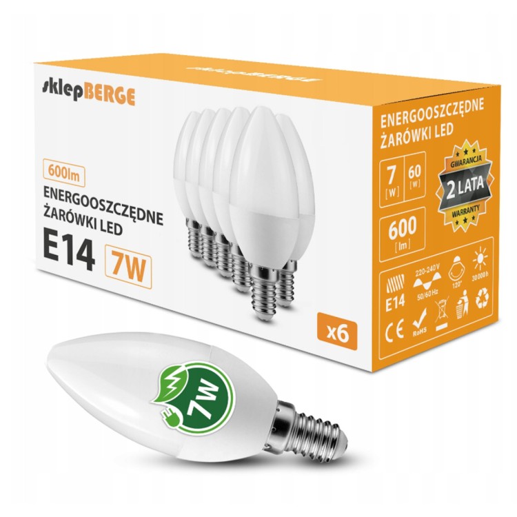 6x Żarówka LED E14 7W = 60W 580lm Barwa Ciepła 3000K Klimatyczna C37 BERGE