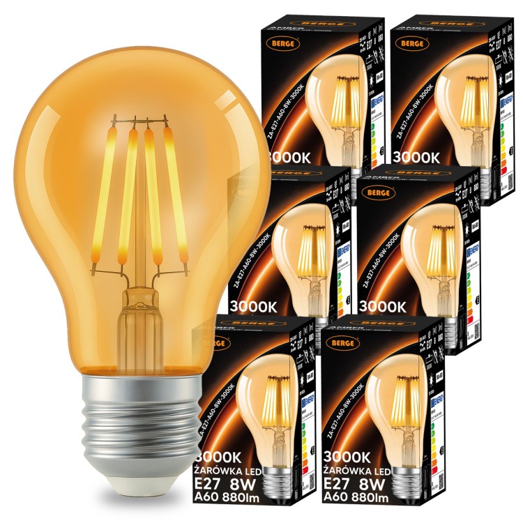 6x Żarówka LED E27 Filament Amber 8W 110lm/W 3000K