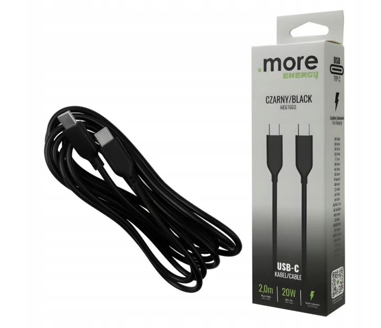 Kabel 2m USB-C - USB-C 20W Sieciowy Czarny Do Ładowania Przesyłania Danyc