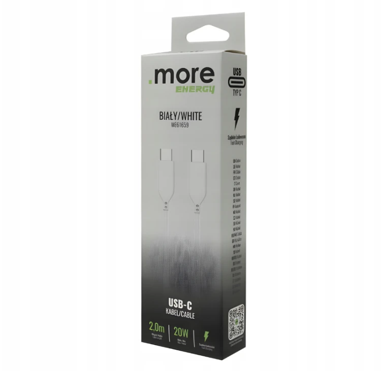 Kabel 2m USB-C - USB-C 20W Sieciowy Biały Do Ładowania Przesyłania Danych