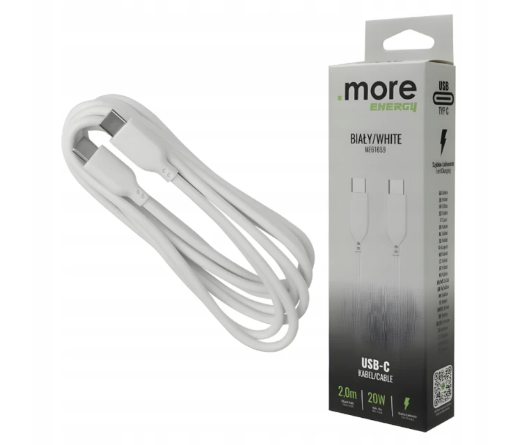 Kabel 2m USB-C - USB-C 20W Sieciowy Biały Do Ładowania Przesyłania Danych