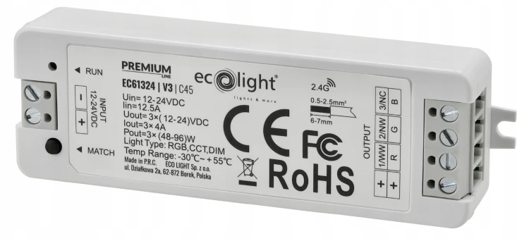 Sterownik Strefowy RGB Do Taśm LED 12A 12-24V 3-kanałowy Radiowy Premium