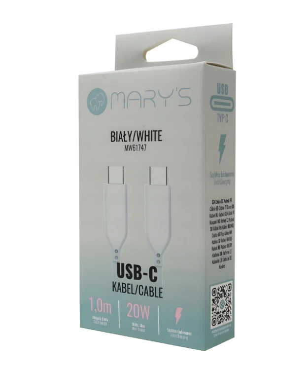 Kabel 1m USB-C - USB-C 20W Sieciowy Biały Do Ładowania Przesyłania Danych