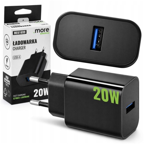 Ładowarka Kostka Szybka USB-A Czarna Sieciowa 20W Do Telefonu Zasilacz