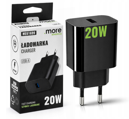 Ładowarka Kostka Szybka USB-A Czarna Sieciowa 20W Do Telefonu Zasilacz
