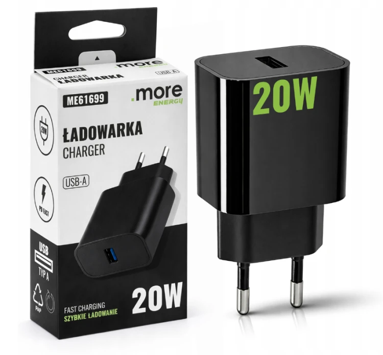Ładowarka Kostka Szybka USB-A Czarna Sieciowa 20W Do Telefonu Zasilacz