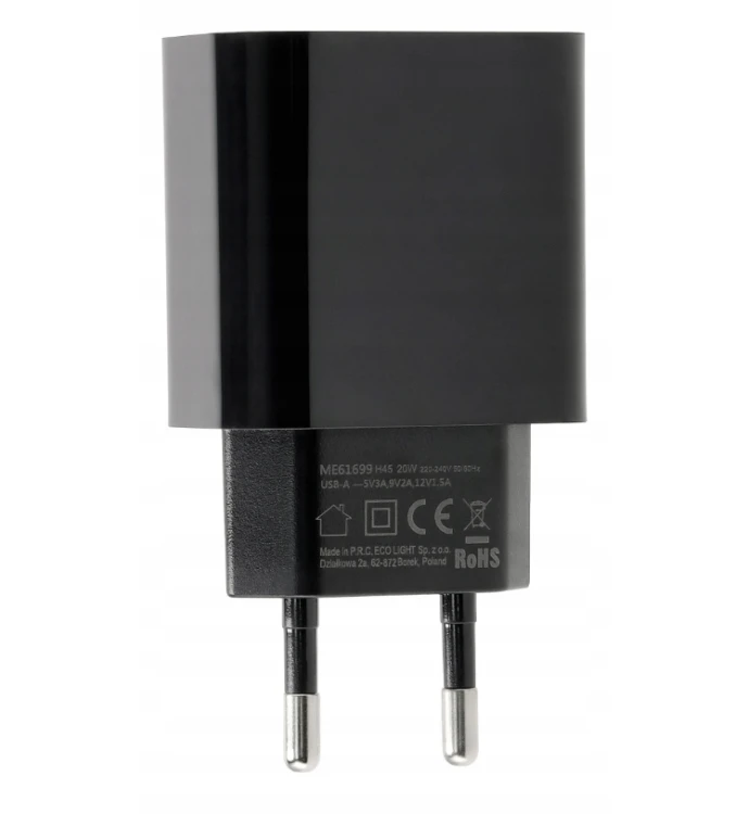 Ładowarka Kostka Szybka USB-A Czarna Sieciowa 20W Do Telefonu Zasilacz
