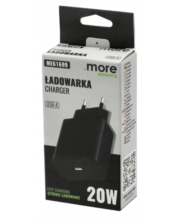 Ładowarka Kostka Szybka USB-A Czarna Sieciowa 20W Do Telefonu Zasilacz