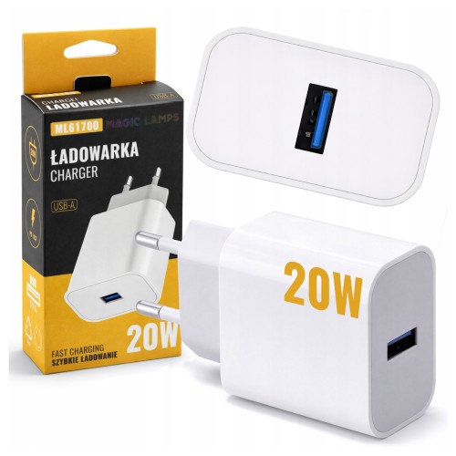 Ładowarka Kostka Szybka USB A Biała Sieciowa 20W Do Telefonu Zasilacz