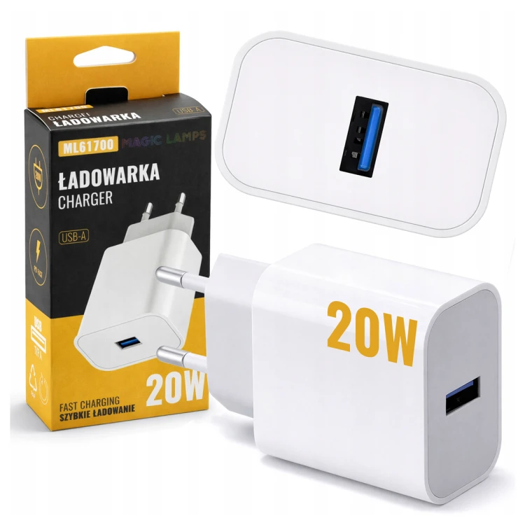 Ładowarka Kostka Szybka USB A Biała Sieciowa 20W Do Telefonu Zasilacz