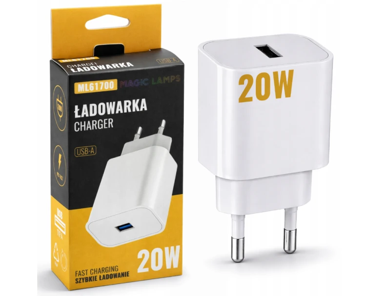 Ładowarka Kostka Szybka USB A Biała Sieciowa 20W Do Telefonu Zasilacz
