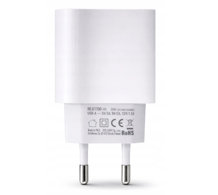 Ładowarka Kostka Szybka USB A Biała Sieciowa 20W Do Telefonu Zasilacz