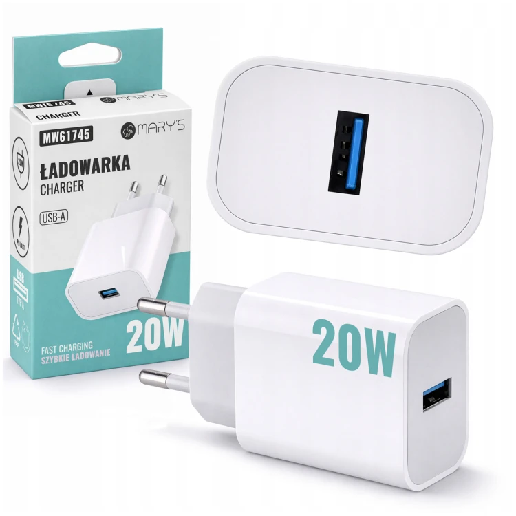 Ładowarka Kostka Szybka USB-A Biała Sieciowa 20W Do Telefonu Zasilacz