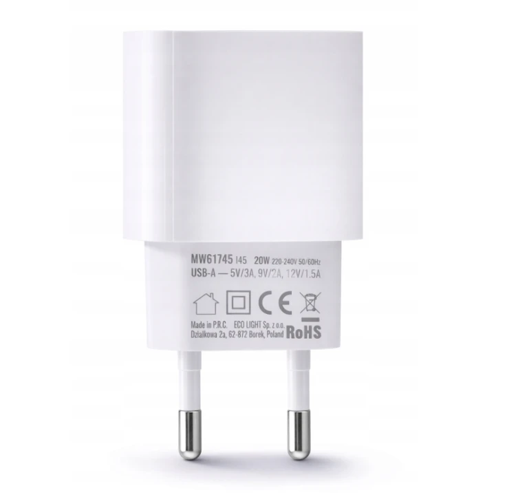 Ładowarka Kostka Szybka USB-A Biała Sieciowa 20W Do Telefonu Zasilacz
