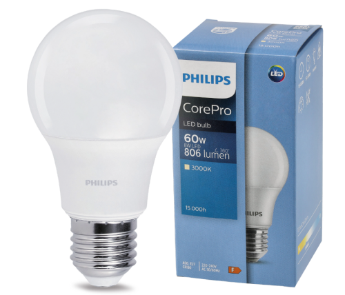 Zestaw 6x Żarówka LED E27 8W 60W 806lm Ciepła 3000K A60 Philips CorePro