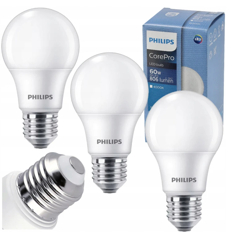 3x Philips Żarówka LED E27 8W = 60W 806lm 100lm/W 4000K EyeComfort CorePro