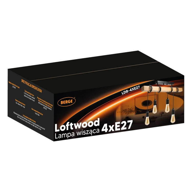 Lampa Drewniana 4xE27 Zwis Czarna