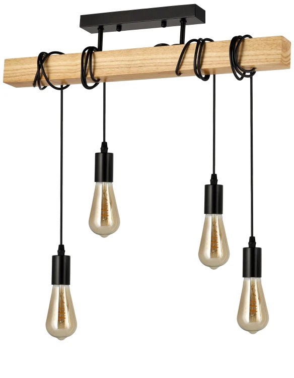Lampa Drewniana 4xE27 Zwis Czarna