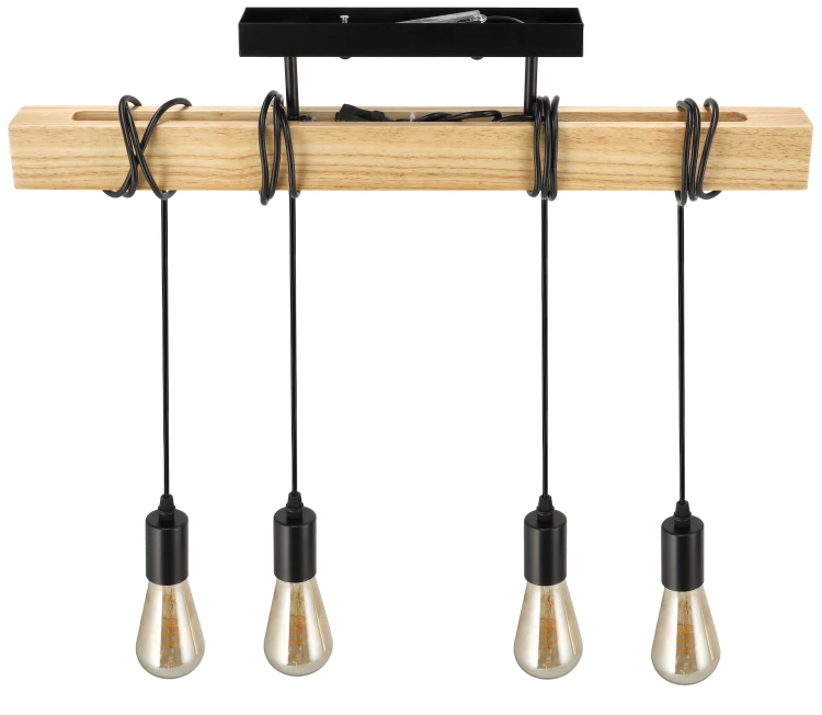 Lampa Drewniana 4xE27 Zwis Czarna