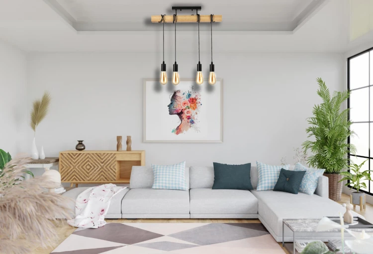 Lampa Drewniana 4xE27 Zwis Czarna