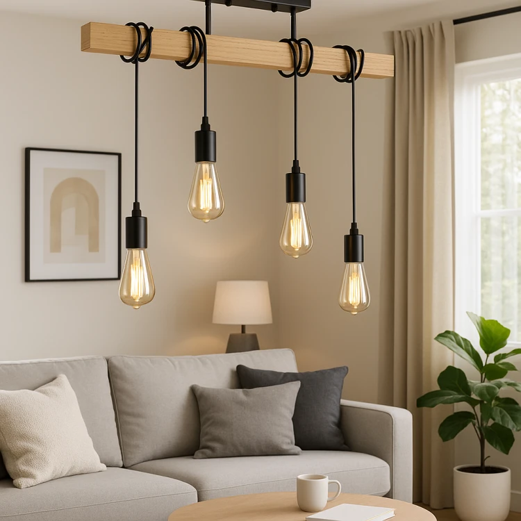 Lampa Drewniana 4xE27 Zwis Czarna