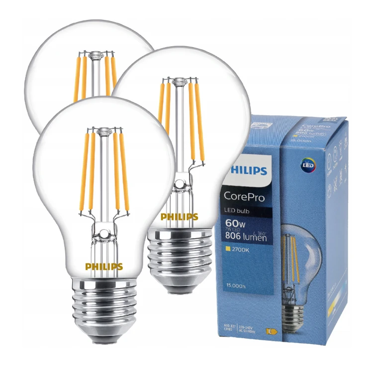 3x Philips Żarówka LED E27 7W = 60W 806lm 115lm/W 2700K Filament Ozdobna