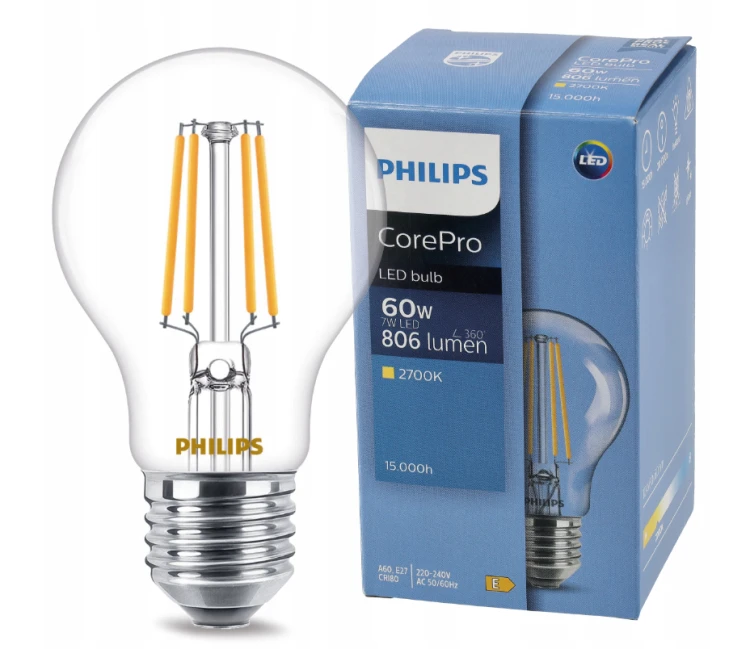 3x Philips Żarówka LED E27 7W = 60W 806lm 115lm/W 2700K Filament Ozdobna